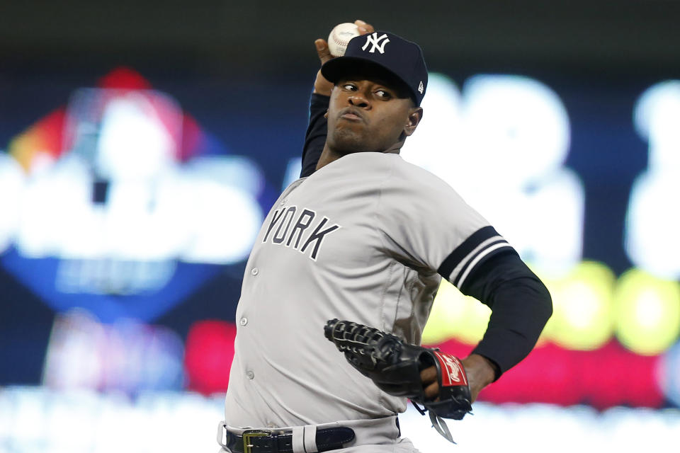 New York Yankees starting pitcher Luis Severino throws during the first inning in Game 3 of a baseball American League Division Series against the Minnesota Twins, Monday, Oct. 7, 2019, in Minneapolis. (AP Photo/Jim Mone)
