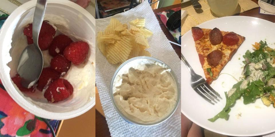 my regular diet: flavored yogurt, chips, frozen pizza, and salad.