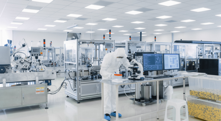 Shot of Sterile Pharmaceutical Manufacturing Laboratory where Scientists in Protective Coverall's Do Research, Quality Control and Work on the Discovery of new Medicine. VRCA stock