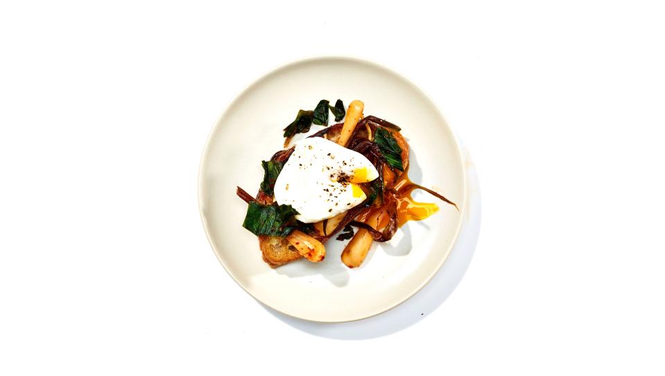 Toast with Ramp Kimchi and Poached Eggs