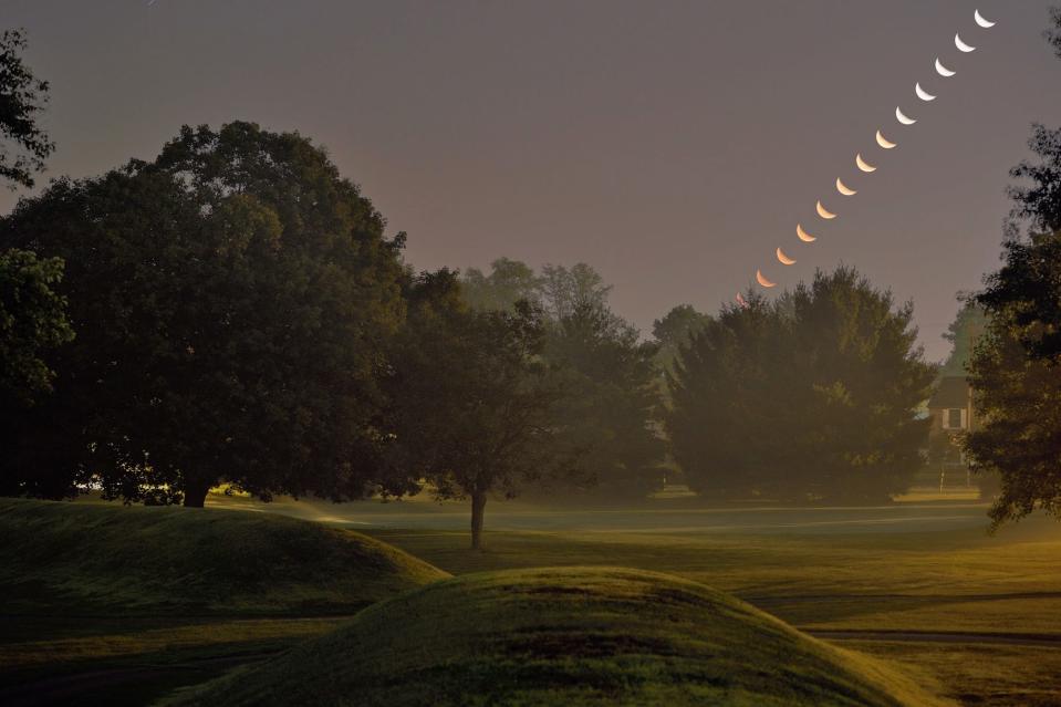 Moonrise above the south wall at the Octagon Earthworks in Newark, Ohio, early Sept. 7, 2015. Moon images taken at three-minute intervals.