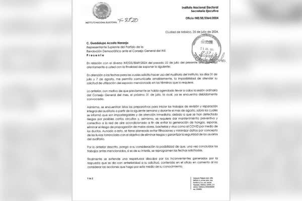 Carta del INE en la que cancelan la autorización para que el FCN use el auditorio