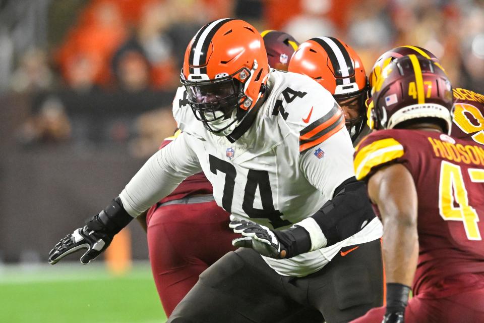 Cleveland Browns offensive tackle Dawand Jones (74) blocks during a preseason game against the Washington Commanders on Aug. 11 in Cleveland.