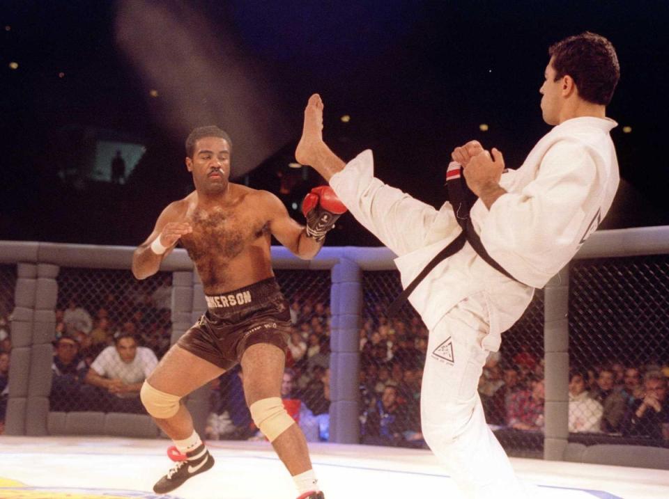 Jimmerson (left) in action against jiu-jitsu specialist Royce Gracie at UFC 1  (Getty Images)