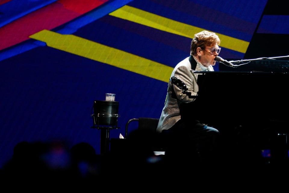 Elton John performs on stage during his "Farewell Yellow Brick Road" tour at Wells Fargo Arena on Saturday, March 26, 2022, in Des Moines.