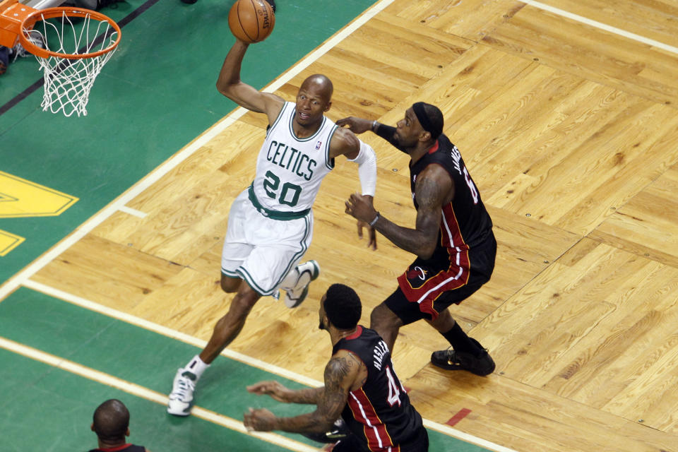 Boston Celtics shooting guard Ray Allen (20) works the ball past Miami Heat small forward LeBron James (6) during the second quarter in game three of the Eastern Conference finals of the 2012 NBA playoffs at TD Garden. David Butler II-USA TODAY Sports