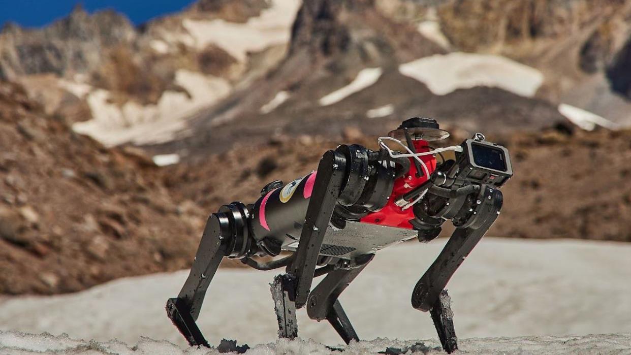  A prototype of the four-legged robot Spirit training in the mountains. 