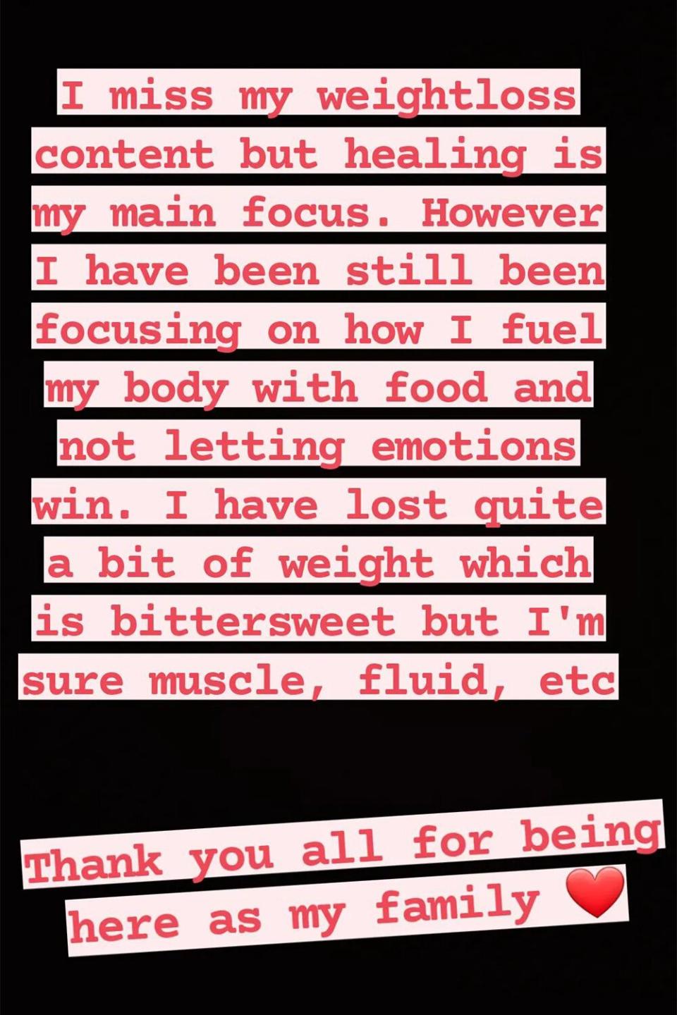 Lexi Reed weight loss message