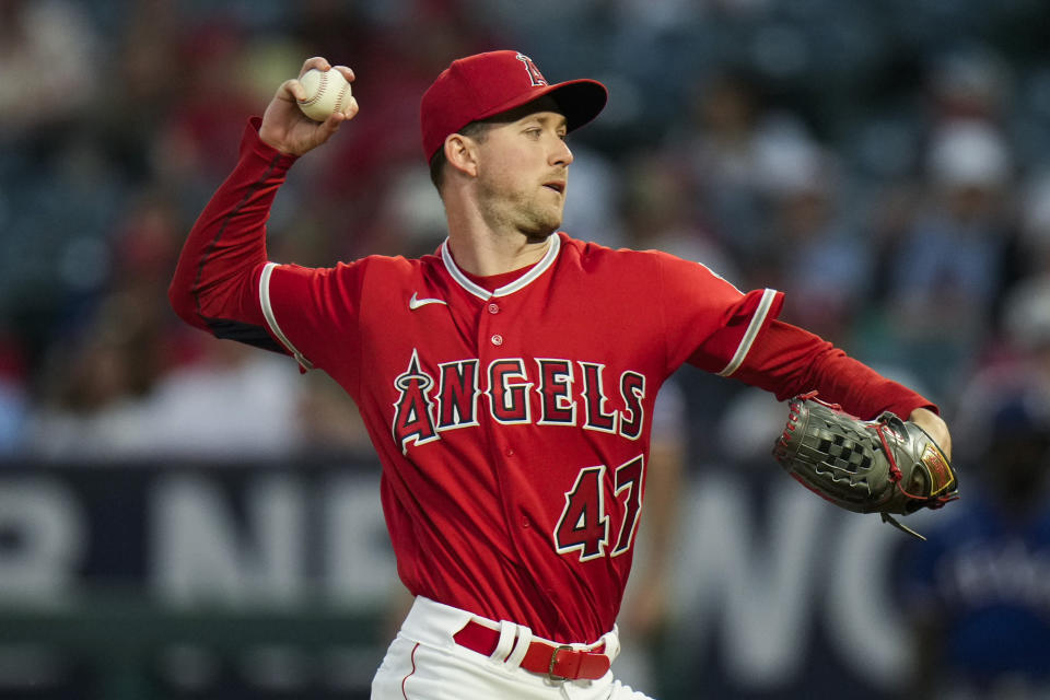 Los Angeles Angels starting pitcher Griffin Canning throws against the Texas Rangers during the first inning of a baseball game Wednesday, Sept. 27, 2023, in Anaheim, Calif. (AP Photo/Jae C. Hong)