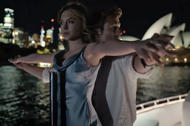 <p>Sony Pictures Entertainment/YouTube</p> Sydney Sweeney and Glen Powell in <i>Anyone But You</i>, 2023