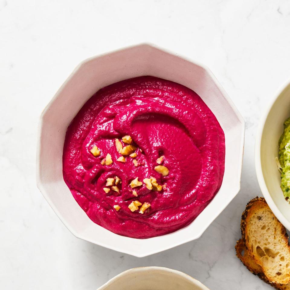 <p>Spicy horseradish and fresh lemon juice give extra oomph to this Insta-worthy dip.</p><p><em><a href="https://www.goodhousekeeping.com/food-recipes/a28498077/zesty-beet-dip-recipe/" rel="nofollow noopener" target="_blank" data-ylk="slk:Get the recipe for Zesty Beet Dip »;elm:context_link;itc:0;sec:content-canvas" class="link ">Get the recipe for Zesty Beet Dip »</a></em></p>