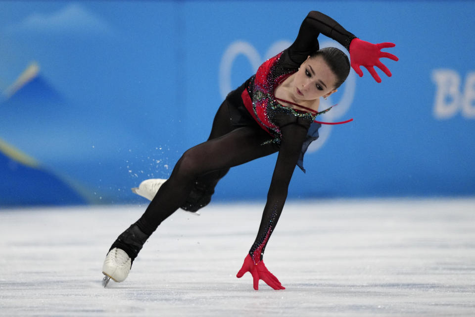 Kamila Valieva, of the Russian Olympic Committee, falls in the women's free skate program during the figure skating competition at the 2022 Winter Olympics, Thursday, Feb. 17, 2022, in Beijing. (AP Photo/Bernat Armangue)