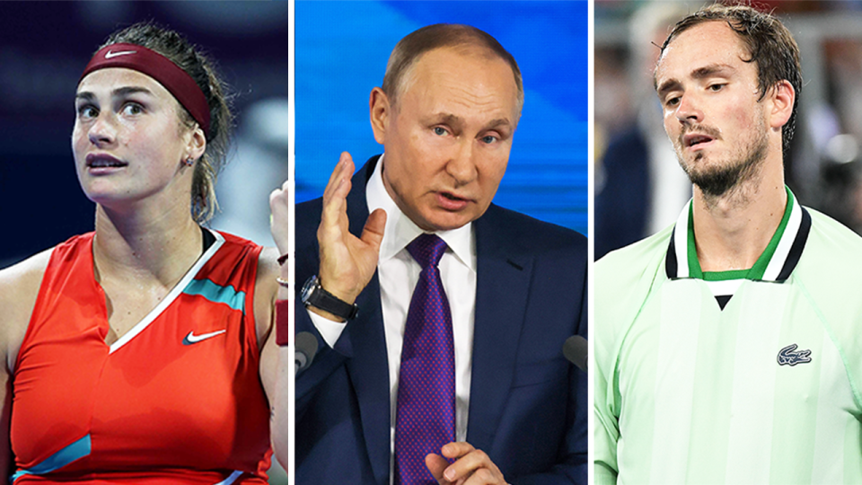 Belarusian Aryna Sabalenka (pictured left) speaking to the chair umpire, Russian Daniil Medvedev (pictured right) looking tired and (pictured middle) Russian President Vladimir Putin talking.