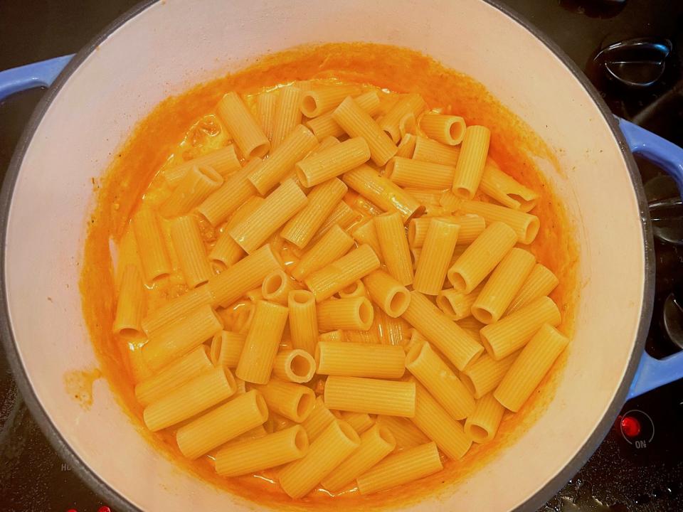 Adding pasta to sauce for Ina Garten's Rigatoni