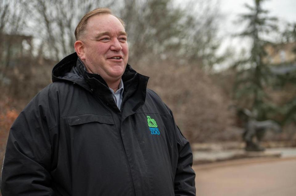 Sean Putney, Kansas City Zoo CEO, gives a tour of the Helzberg Penguin Plaza on Wednesday, Feb. 8, 2023, in the Kansas City Zoo.