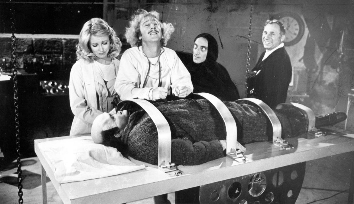 On the set of "Young Frankenstein": Teri Garr (left), Gene Wilder, Marty Feldman, director Mel Brooks and Peter Boyle as Young Frankenstein.