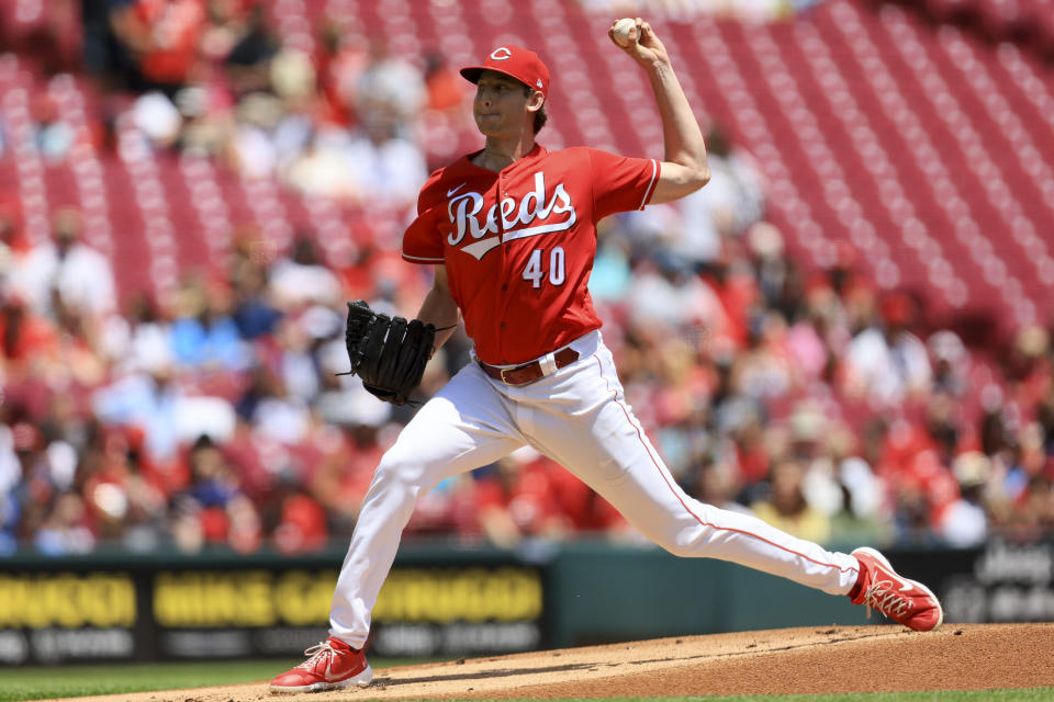 Cincinnati Reds' Nick Lodolo throws during the first inning of a baseball game against the Tampa Bay Rays in Cincinnati, Sunday, July 10, 2022. (AP Photo/Aaron Doster)