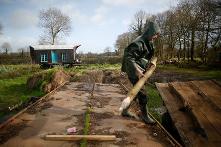 A resident works at "Bellevue" area in the zoned ZAD (Deferred Development Zone) in Notre-Dame-des-Landes, that is slated for the Grand Ouest Airport (AGO), France January 16, 2018. REUTERS/Stephane Mahe