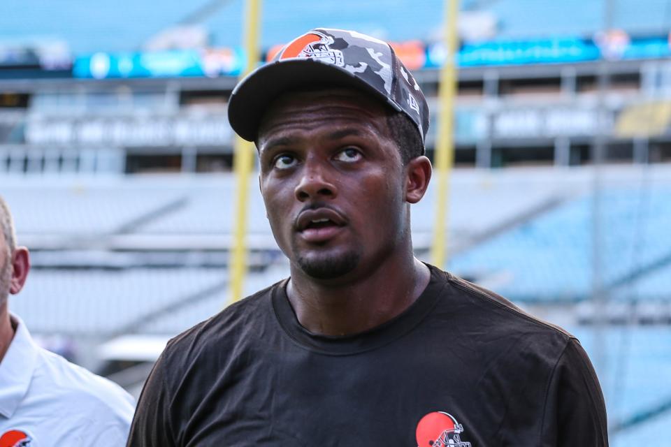 Cleveland Browns quarterback Deshaun Watson (4) during warm-ups before an NFL preseason football game against the Jacksonville Jaguars, Friday, Aug. 12, 2022, in Jacksonville, Fla.