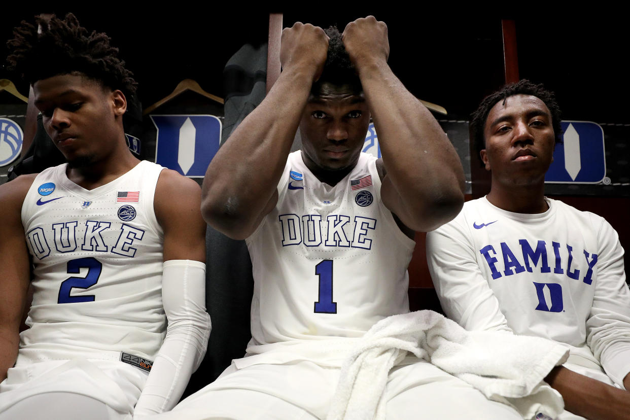 WASHINGTON, DC - MARCH 31:  Zion Williamson #1 of the Duke Blue Devils reacts in the locker room after his teams 68-67 loss to the Michigan State Spartans in the East Regional game of the 2019 NCAA Men's Basketball Tournament at Capital One Arena on March 31, 2019 in Washington, DC. (Photo by Patrick Smith/Getty Images)