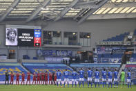 Birghton and Liverpool players pay their respect to soccer Legend Diego Maradona prior to the start of the English Premier League soccer match between Brighton and Hove Albion and Liverpool at the Amex stadium in Brighton, England, Saturday, Nov. 28, 2020. (Neil Hall/Pool Via AP)