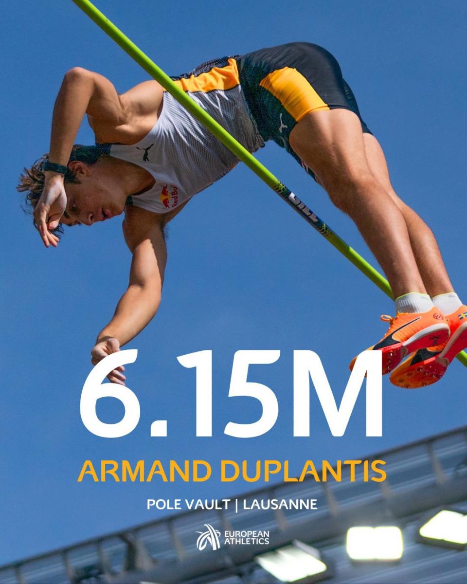 Armand Duplantis在洛桑鑽石聯賽是奧運後首度出賽，以6公尺15的成績創大會紀錄並奪冠。（翻攝European Athletics X）