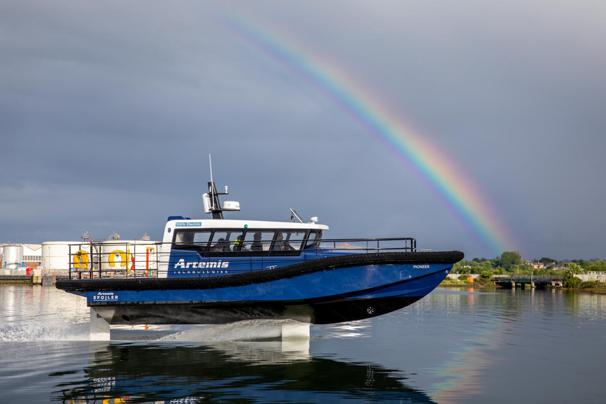 The new Artemis Technologies workboat foiling in Belfast harbour (Artemis Technologies/PA)