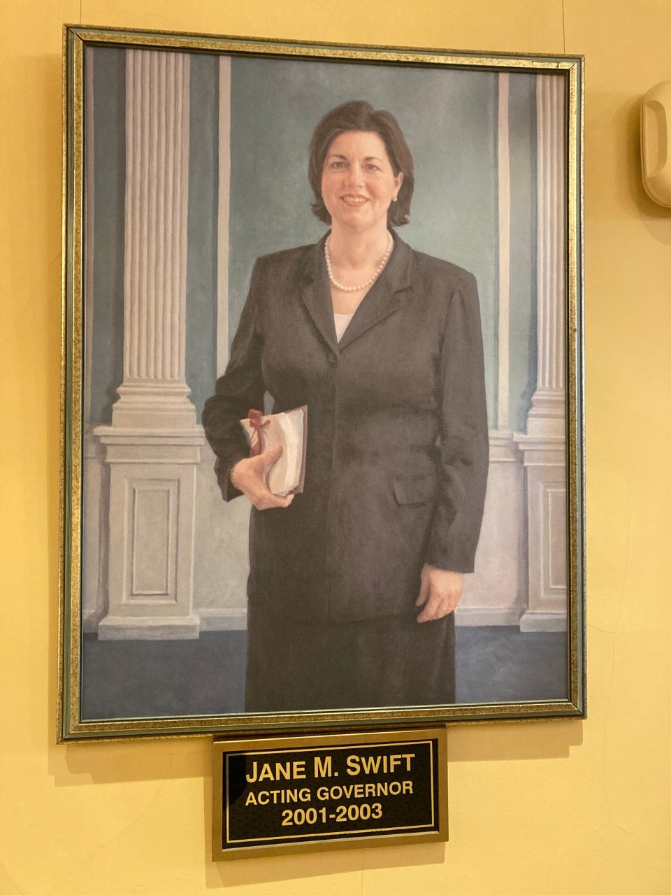 The portrait of Acting Governor Jane Swift, painted by Sarah Belchetz-Swenson, hangs in the ante-room of the governor's third floor executive suite and is part of the compilation of visual information: Women Subjects/Women Artists commemorates Women's History Month at the Massachusetts State House