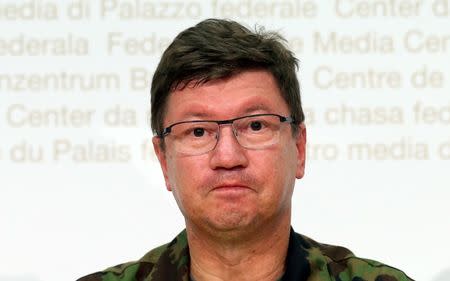 Commander of the Swiss Air Force Lieutenant General Aldo Schellenberg talks to the media during a news conference in Bern, Switzerland August 29, 2016. REUTERS/Ruben Sprich