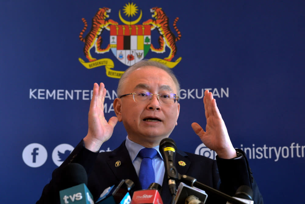 Transport Minister Datuk Seri Wee Ka Siong speaks at a press conference after chairing the National Logistics Task Force meeting in Putrajaya April 21, 2022. — Bernama pic