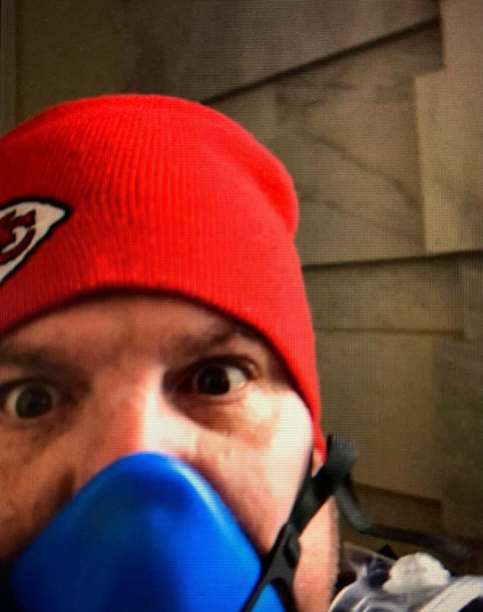 A screen capture of Carey Walden’s self-identified video shows the breathing apparatus he was wearing prior to entering the U.S. Capitol building on Jan. 6, 2021.