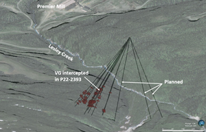 Northwest looking image of the current drill pattern at Sebakwe showing completed and planned drill holes. Quartz breccia intervals with sulfides in the completed drill holes are shown in red. The approximate location of the VG intercept is also indicated.