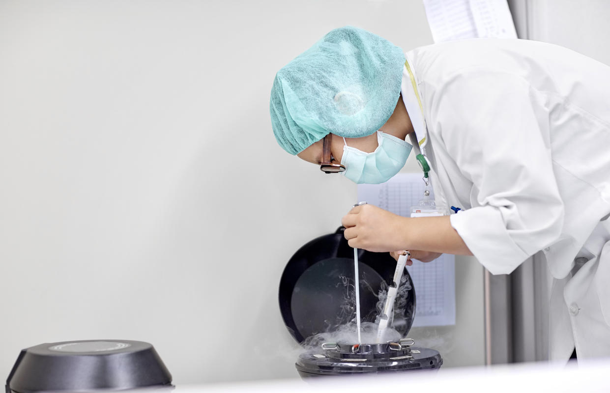 Scientist handling samples for cryopreservation (Morsa Images / Getty Images)