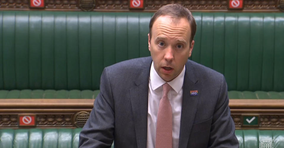 Health Secretary Matt Hancock delivers a statement on the government's actions on coronavirus in the House of Commons, London.