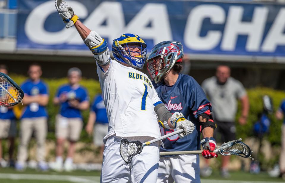J.P. Ward celebrates an early goal for Delaware Saturday in the CAA lacrosse final against Stony Brook at Delaware Stadium.