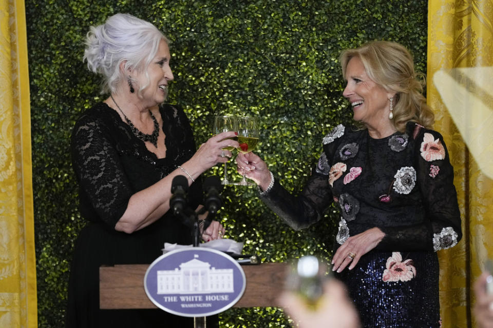 <em>Missy Testerman, the 2024 National Teacher of the Year toasts with first lady Jill Biden during a State Dinner at the White House in Washington, Thursday, May 2, 2024, to honor the 2024 National Teacher of the Year and other teachers from across the United States. (AP Photo/Susan Walsh)</em>