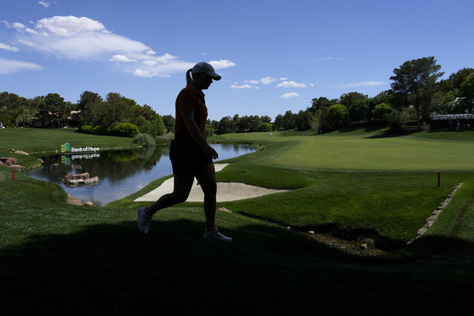 Maja Stark walks off the ninth green during the first day of round-robin play in the LPGA Bank of Hope Match Play golf tournament Wednesday, May 24, 2023, in North Las Vegas, Nev. (AP Photo/John Locher)