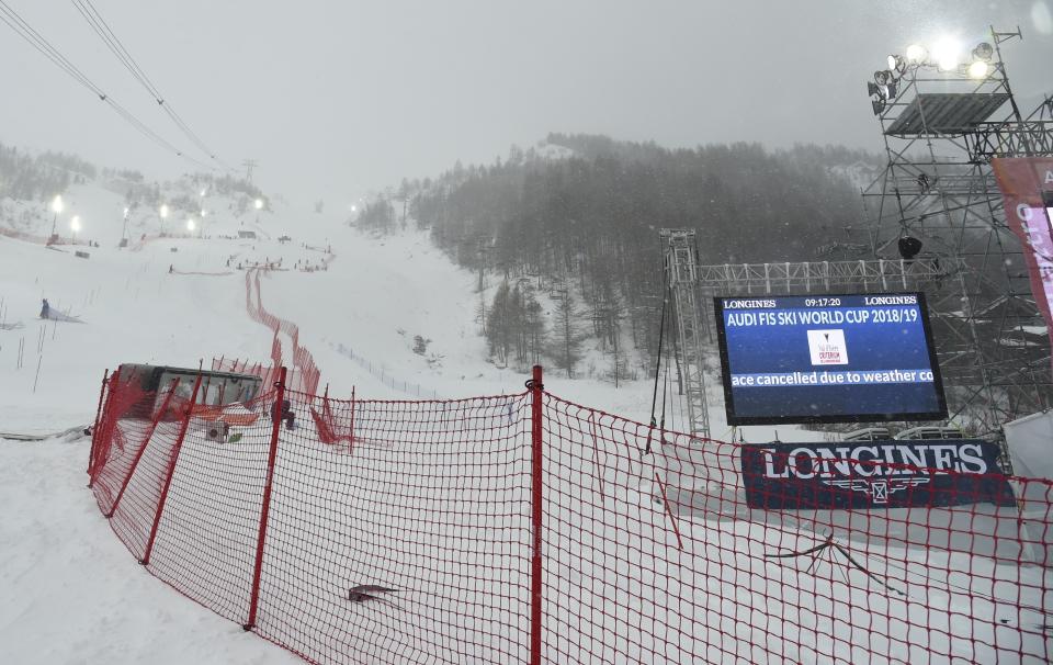 A view of the course after a men's World Cup slalom was cancelled due to bad weather in Val D'Isere, France, Sunday, Dec. 9, 2018. (AP Photo/Marco Tacca)