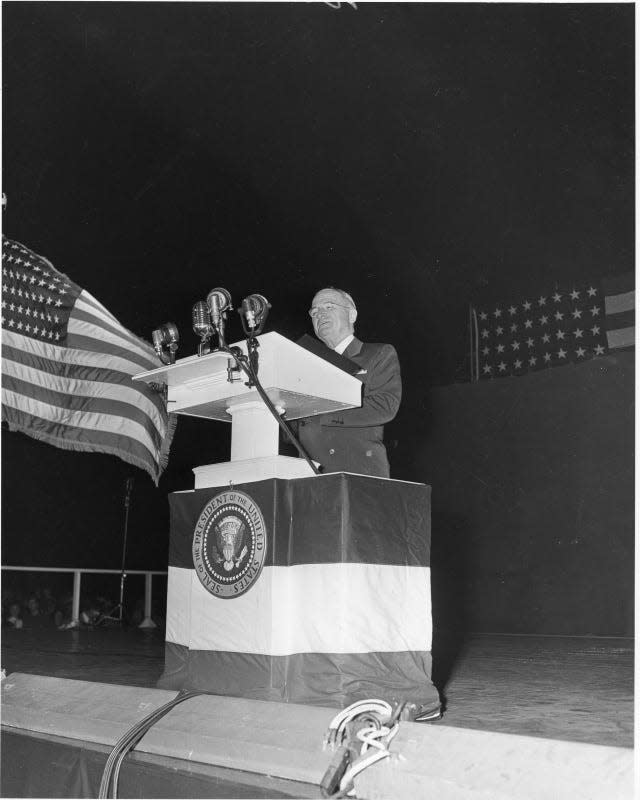 President Harry S. Truman (behind podium) addresses the crowd in 1951 at the Fourth of July ceremonies commemorating the 175th anniversary of the Declaration of Independence.