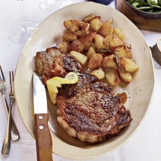 Grilled Rib-Eye Steaks with Roasted Rosemary Potatoes