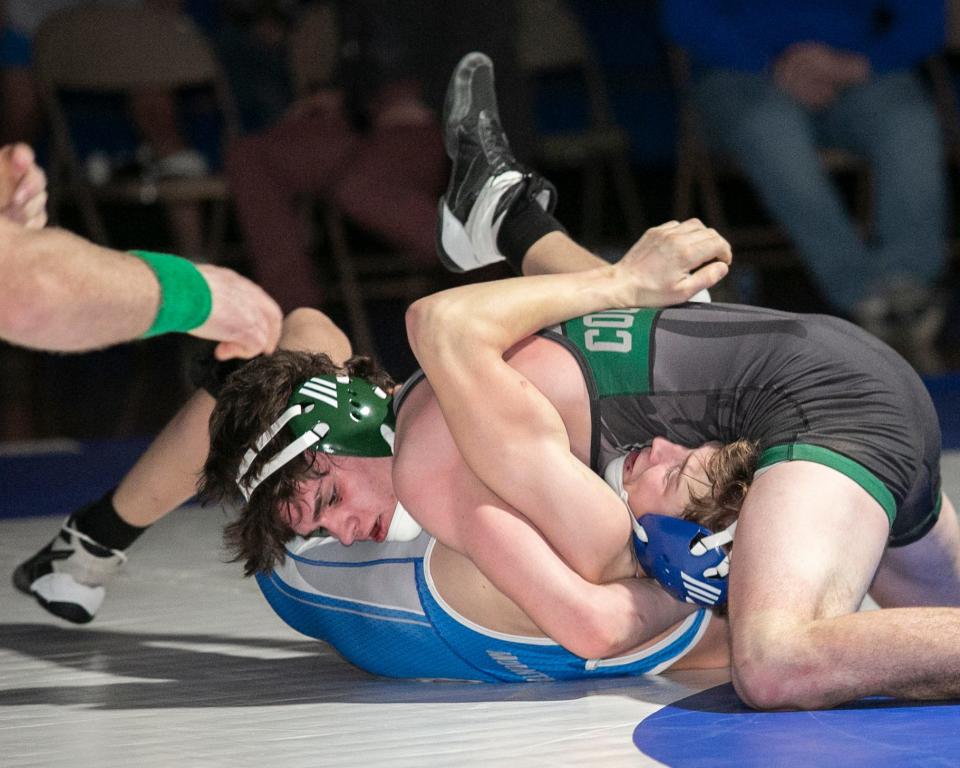 North Star's Cameron Snoeberger, top, controls Berlin Brothersvalley's Grant Fisher in the 138-pound match during a dual meet, Tuesday, in Berlin.