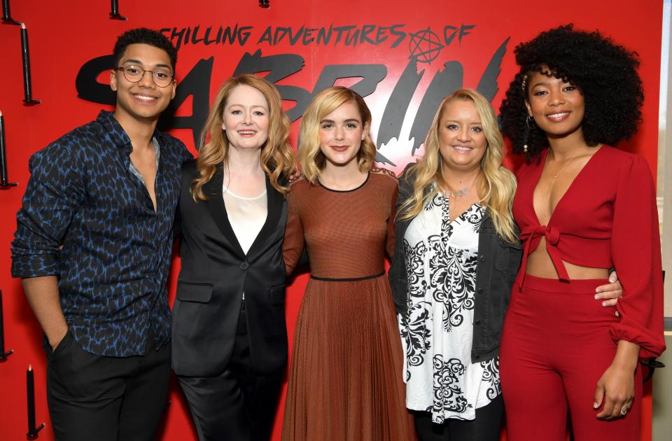 Chance Perdomo, Miranda Otto, Kiernan Shipka, Lucy Davis and Jaz Sinclair, attend Netflix's "The Chilling Adventures of Sabrina" Q&A and Reception at the Pacific Design Center on March 17, 2019 in West Hollywood, California.