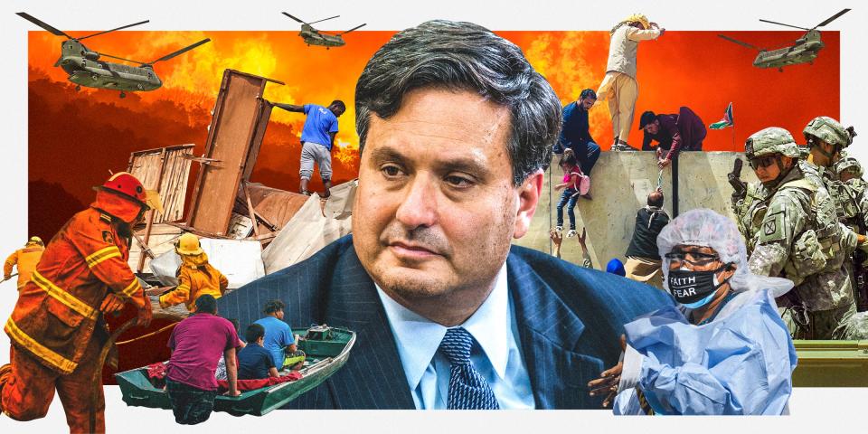 White House Chief of Staff, Ron Klain, with firefighters, Hurricane Ida victims, fleeing Afghanis, American military troops, and a nurse in PPE around him with military Chinook helicopters in the air and a large wildfire in the background.