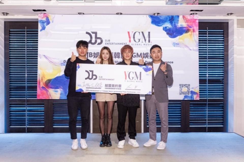 ▲由左至右-YGM代表YUK、Subin，DJB娛樂事業群CEO Hunny，DJB集團創辦人蘇昱豪。(圖/DJB娛樂提供)