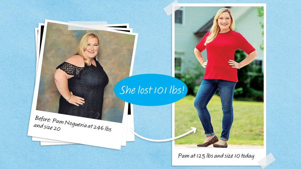 Before and after photos of Pamela Nogueria, who lost 101 pounds on a carb cycling plan