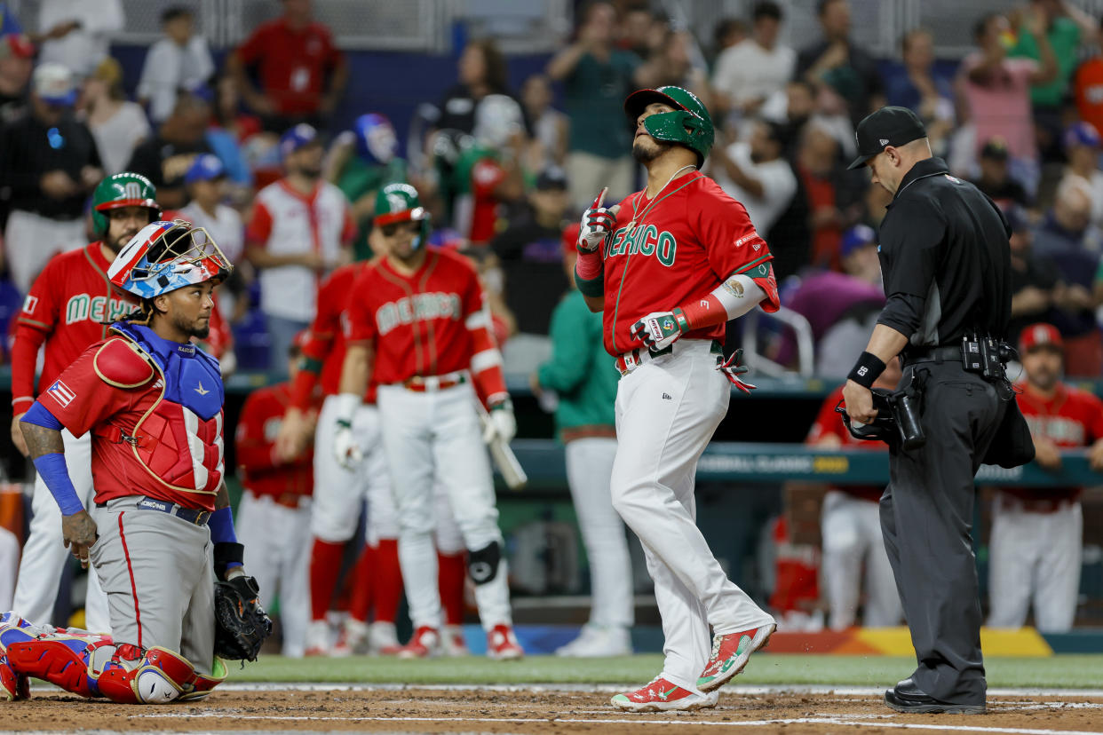 Mar 17, 2023; Miami, Florida, USA; Mexico third baseman Isaac Paredes (17) scores after hitting a home run during the third inning against Puerto Rico at LoanDepot Park. Mandatory Credit: Sam Navarro-USA TODAY Sports