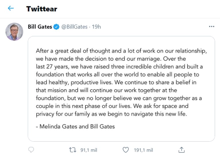 El tuit con el que Bill Gates anunció su separación de su esposa Melinda