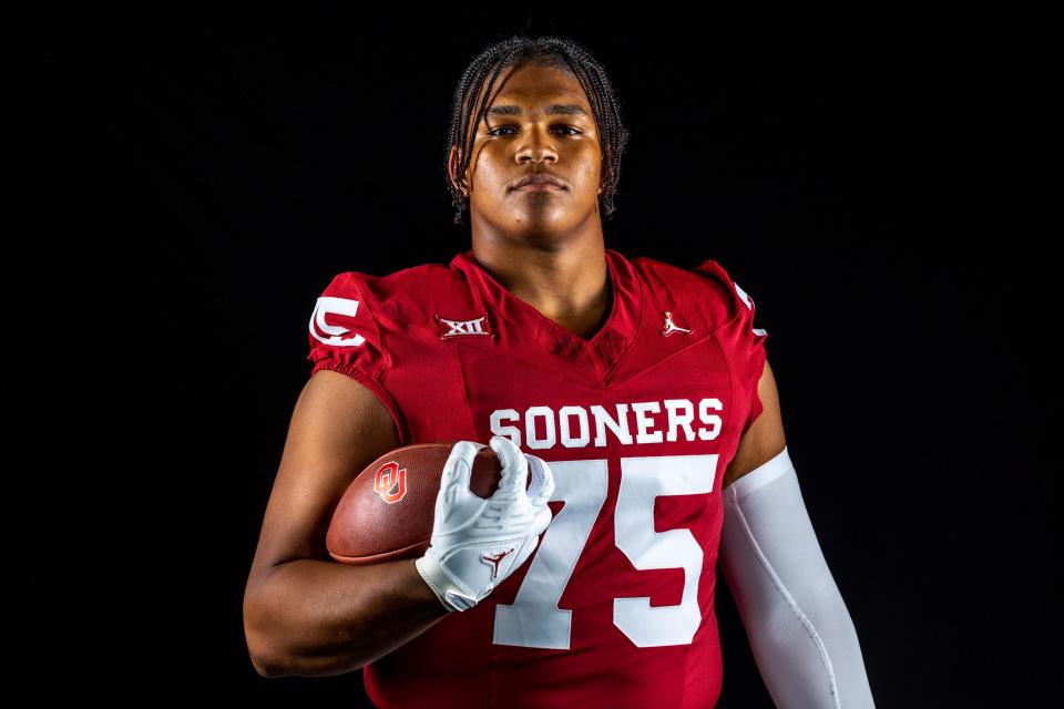 Oklahoma’s Walter Rouse (75) is pictured at OU media day in Norman, Okla., on Tuesday, Aug. 1, 2023.