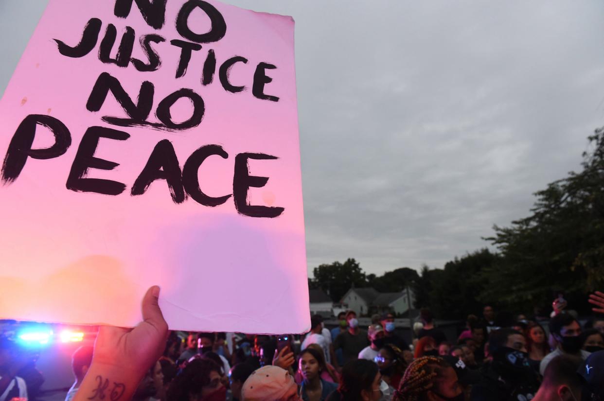 A sign at a protest at the scene of a police shooting on Laurel Street and Union Street in Lancaster city on Sunday, September 13, 2020. A man was shot by police earlier in the day after a reported domestic dispute, police said. A Lancaster city police officer fired at a 27-year-old man who was armed with a knife. The man, identified as Ricardo Munoz, was killed and pronounced dead at the scene.  (Andy Blackburn/LNP/LancasterOnline via AP) (AP)