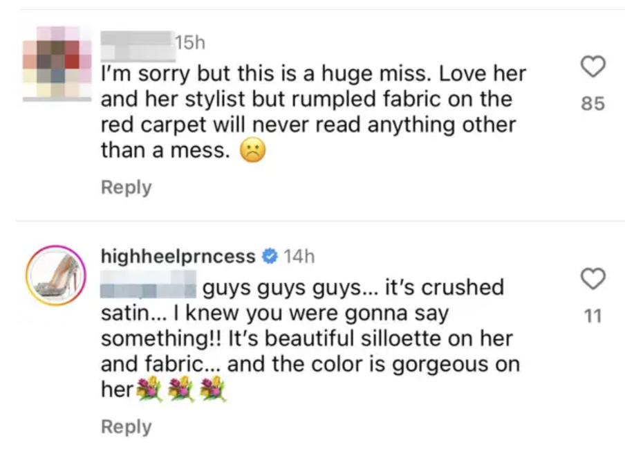 a screenshot of two IG comments, one tearing apart quinta's look and one from the stylist defending it